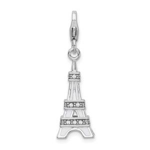 925 Silver 3-D Enameled Swarovski Crystals Eiffel Tower Bracelet Charm w Clasp